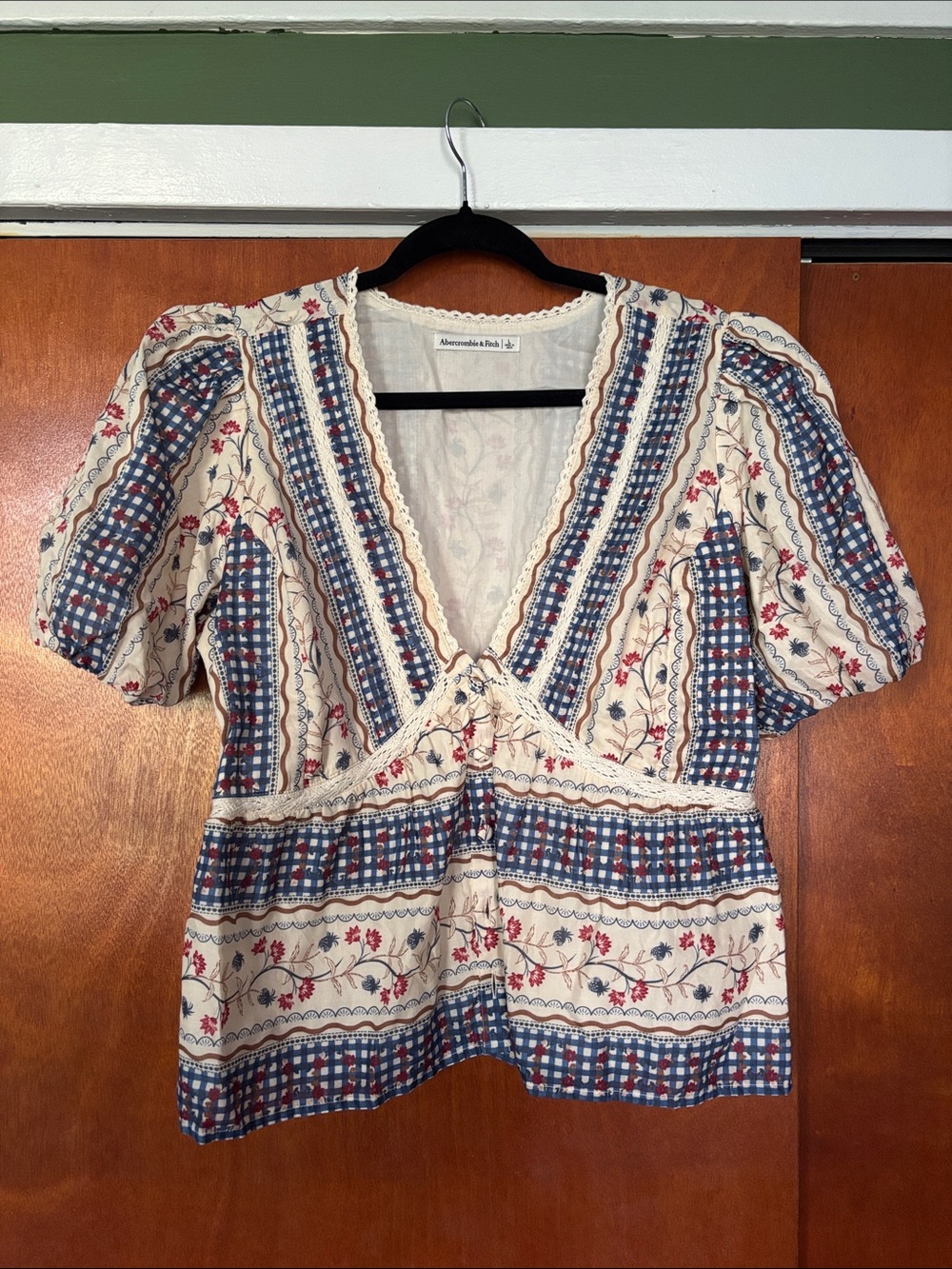 Abercrombie & Fitch Cream Peasant Top with Blue Gingham and Red Floral Accents